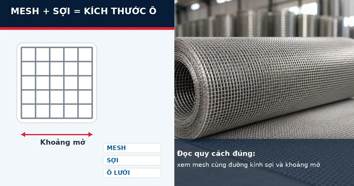 Lưới inox 304 đan: Quy cách mesh và cách chọn theo mục đích sử dụng 2 Cách đọc mesh và đường kính sợi của lưới inox 304 đan