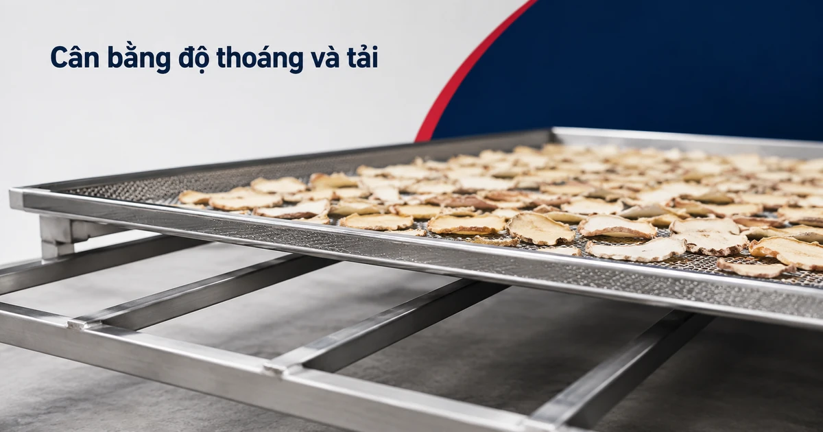 lưới inox làm khay sấy bố trí trên khung đỡ trong hệ thống sấy