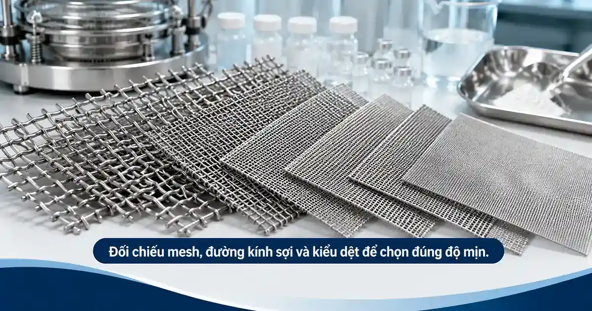 Lưới inox ngành dược phẩm: Tiêu chí chọn độ mịn và chất liệu 3 Đối chiếu mesh đường kính sợi kiểu dệt và vật liệu khi chọn lưới lọc dược phẩm