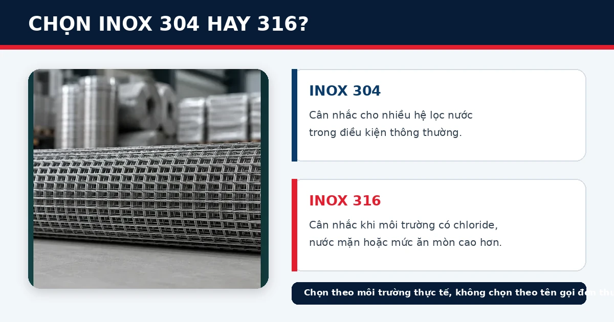 Lưới inox lọc nước nên chọn inox 304 hay 316 và bao nhiêu mesh? 2 Lưới inox lọc nước so sánh lựa chọn inox 304 và inox 316