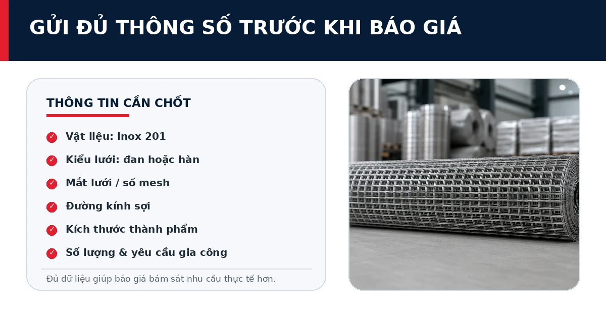 Giá lưới inox 201 được tính theo quy cách và số lượng ra sao? 3 Thông số cần gửi để nhận báo giá lưới inox 201 chính xác