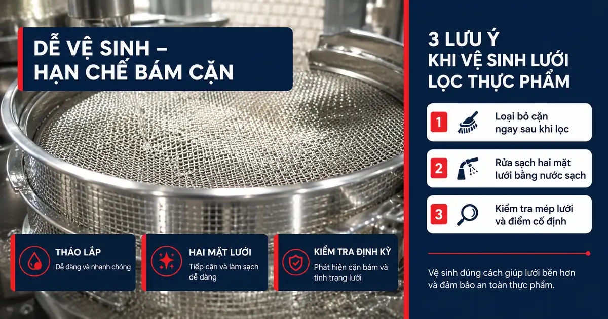 Vệ sinh bề mặt lưới inox sau quá trình lọc thực phẩm