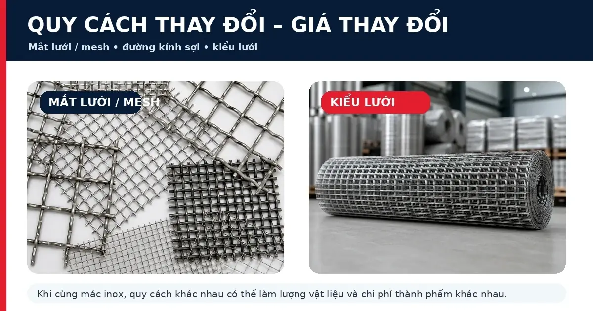 Giá lưới inox 304 phụ thuộc vào những yếu tố nào? 2 Quy cách mắt lưới và đường kính sợi ảnh hưởng giá lưới inox 304